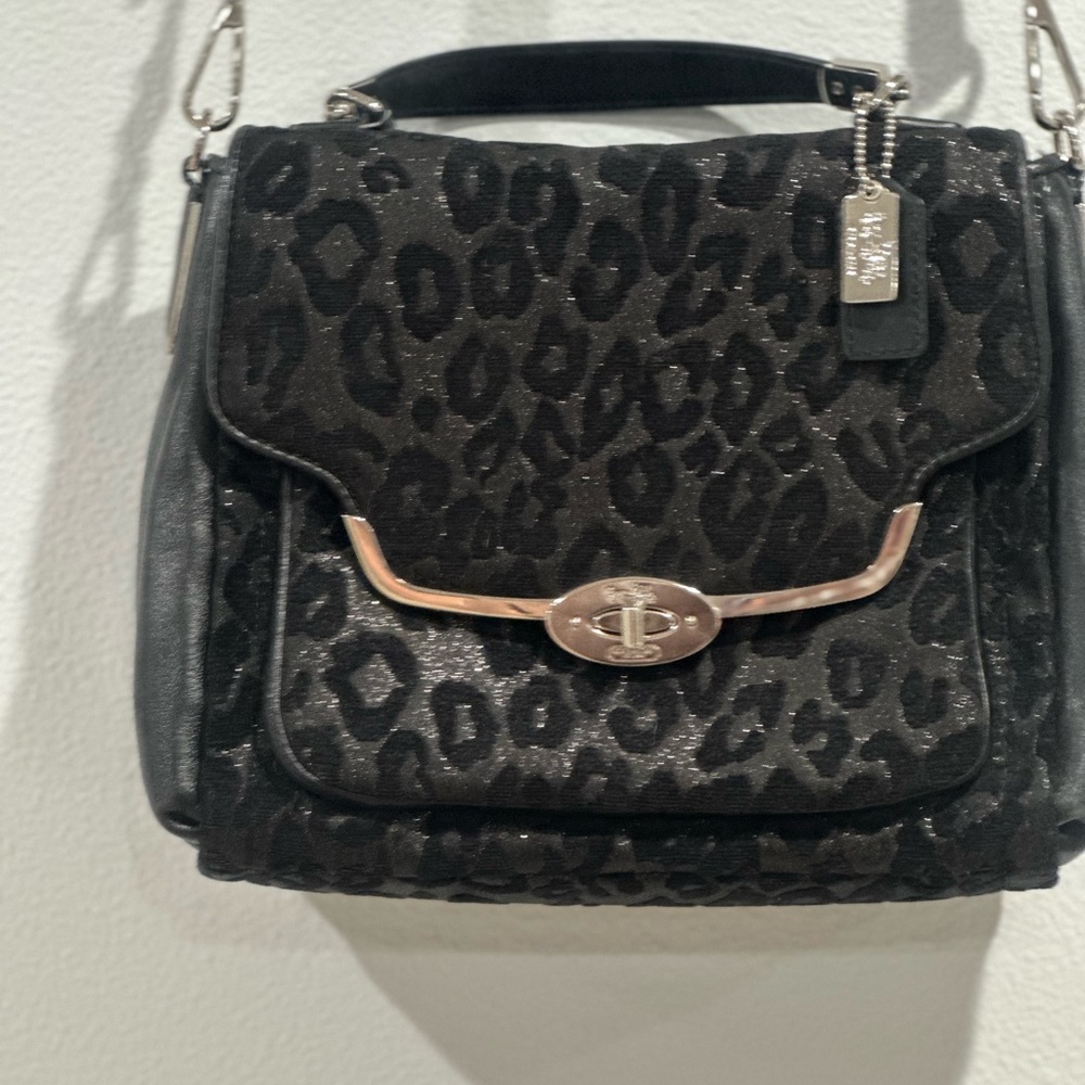 Coach Black Leopard Print Satchel with Silver Details